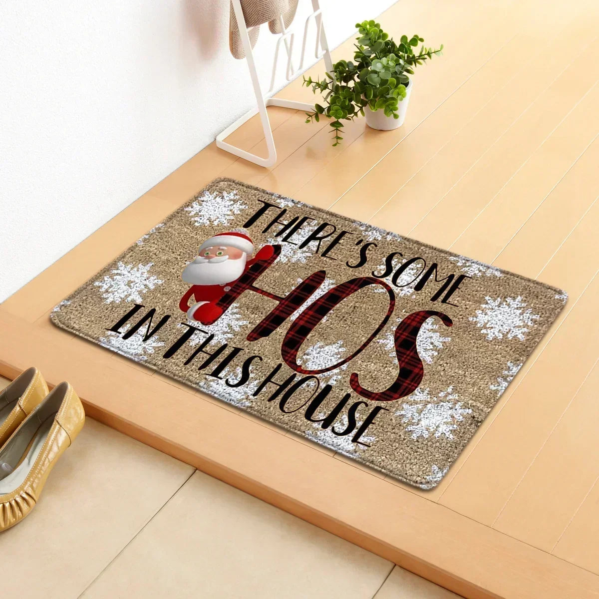 tapis d'entrée noël rennes lutins chaussettes flocons marron rouge blanc vert