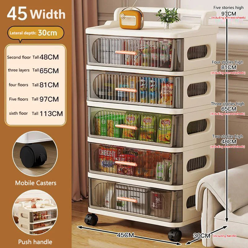 meuble rangement mobile tiroirs roulettes beige clair rayures horizontales moderne