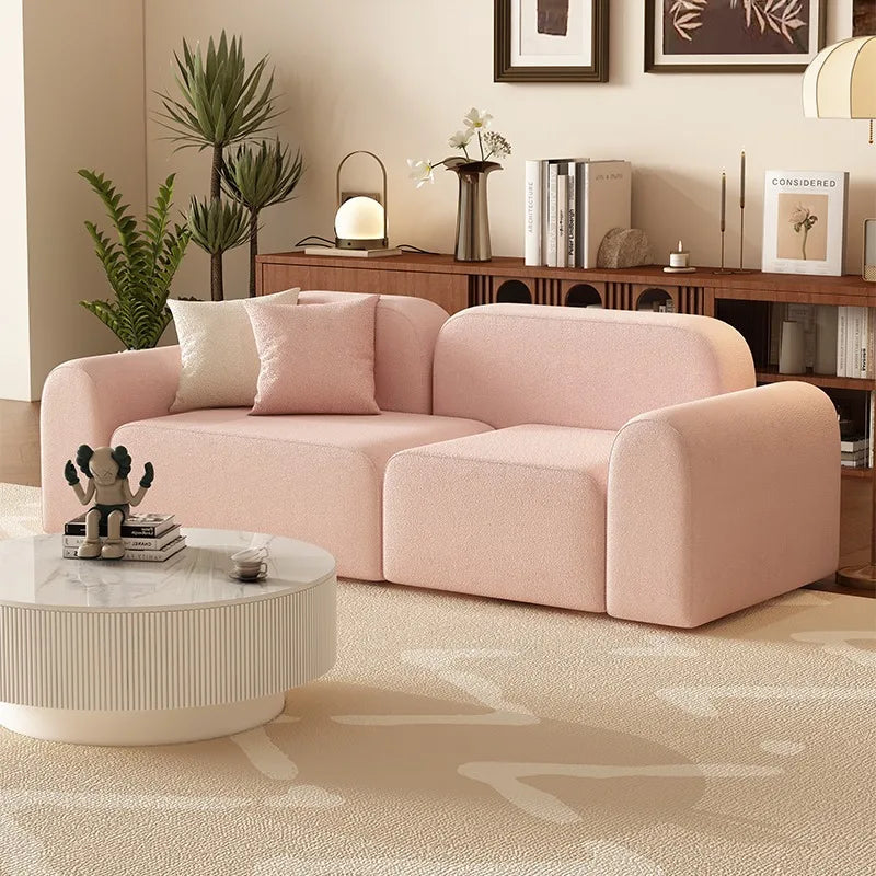 canapé moderne rose clair uni bois salon minimaliste 210cm 170cm 240cm coussins