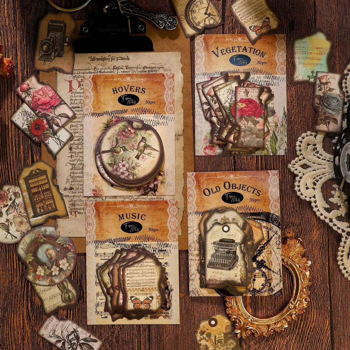 autocollants vintage étiquettes décoratives motifs floraux rubans boutons blanc marron beige instruments musicaux