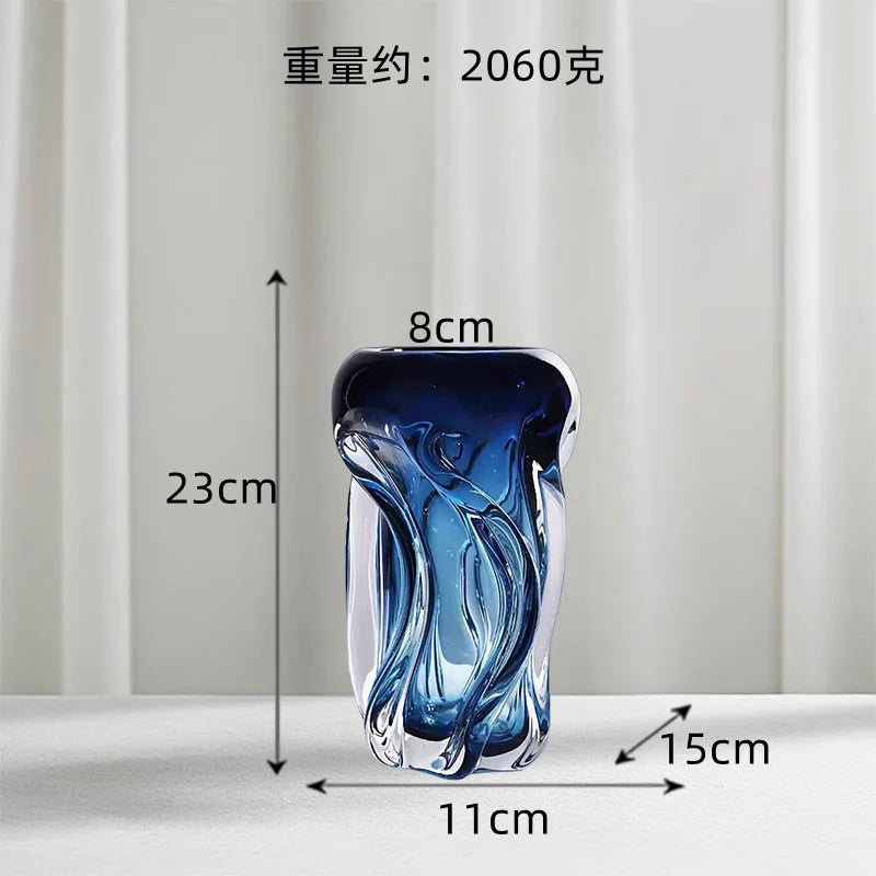 vase moderne bleu transparent ondulé marbré décoration intérieure arrangement floral hydroponique