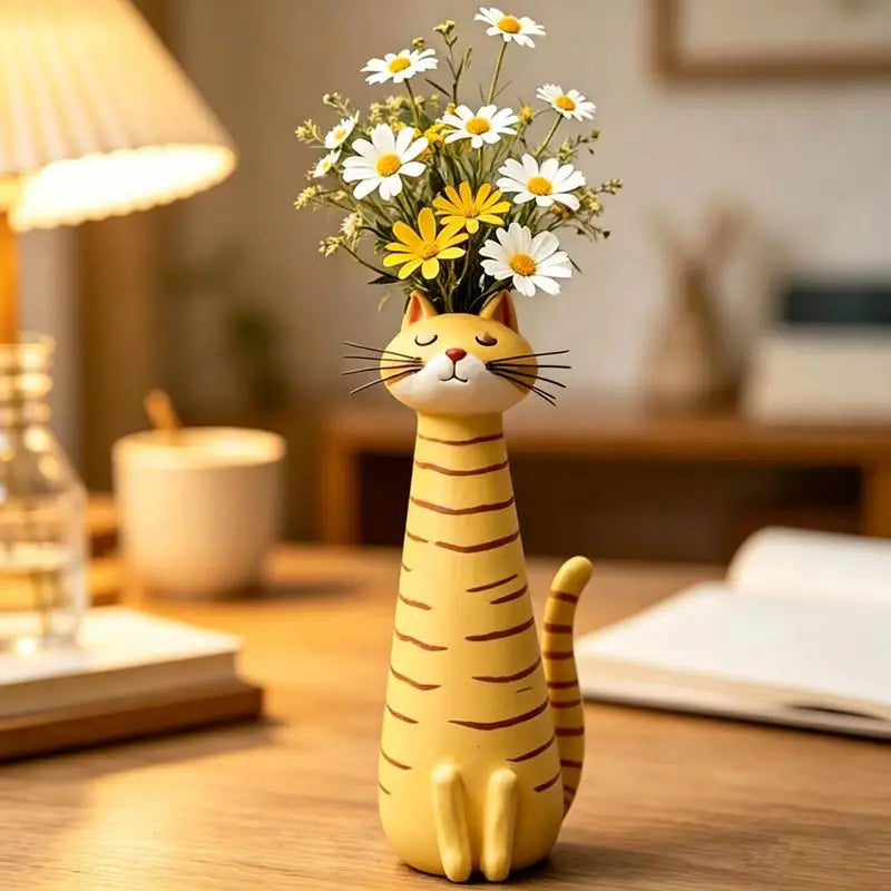 vases résine forme chat moderne couleur verte yeux oreilles queue motifs fleursDecorationMaisonBureauOrnementCartoon