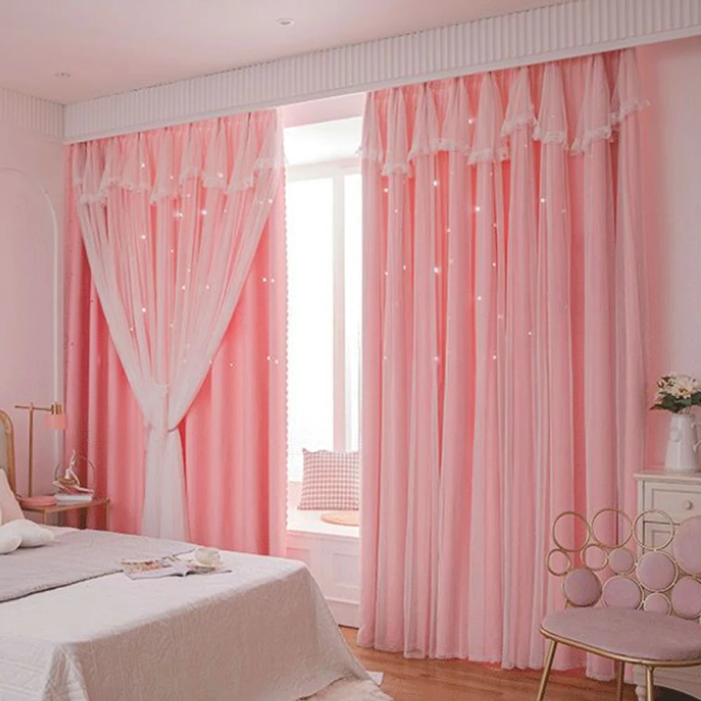 rideau fenêtre rose clair transparent motif étoiles blanches moderne décoratif chambre fille salon maison