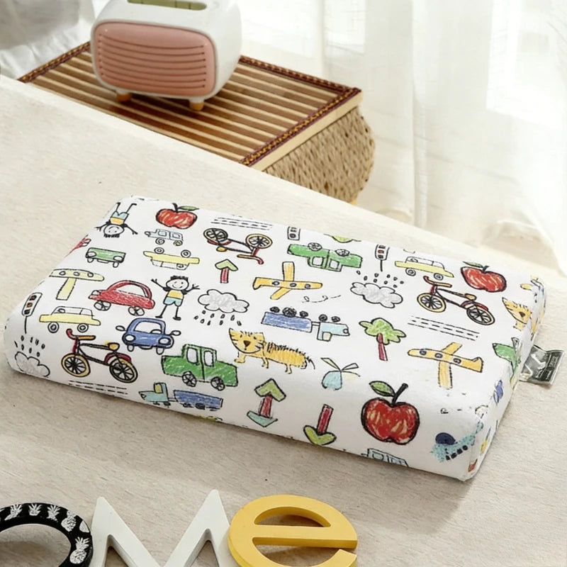 oreiller enfant latex coton motif voitures ours points anti apnée confortable quatre saisons