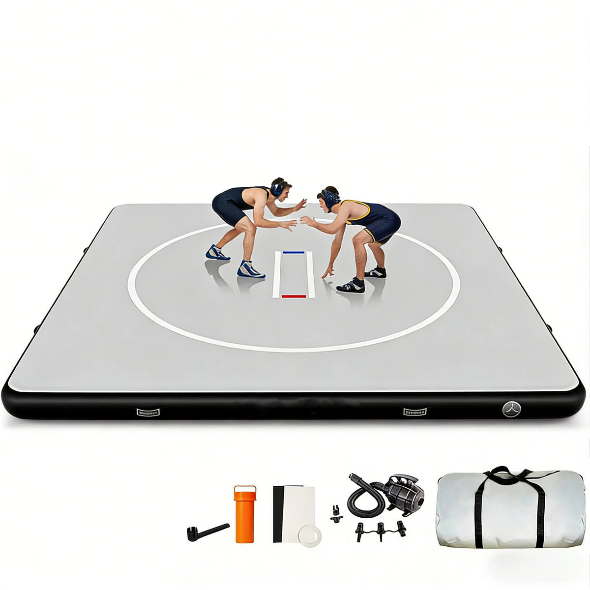 tapis lutte gonflable pvc gris moderne jiu jitsu bjj tatami sportif portable rondes blanches
