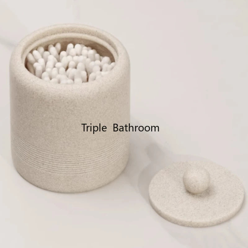 ensemble salle bain moderne beige clair plateau gobelet trousse coton flacon savon brosse dents