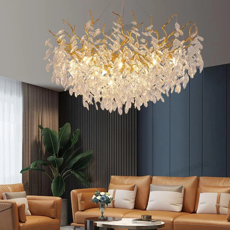 Suspension lumineuse contemporaine transparente dorée branches feuilles LED 100cm
