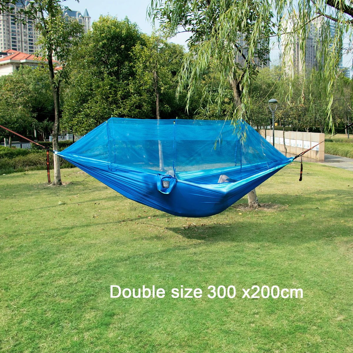 hamac nylon double taille vert olive bleu uni moderne moustiquaire sac rangement ceinture sécurité