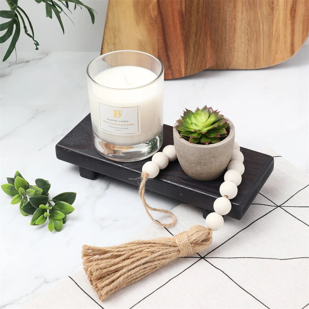 support salle bain bois plateau texturé bouteille savon brosse buvette bougies plantes décorations rustic