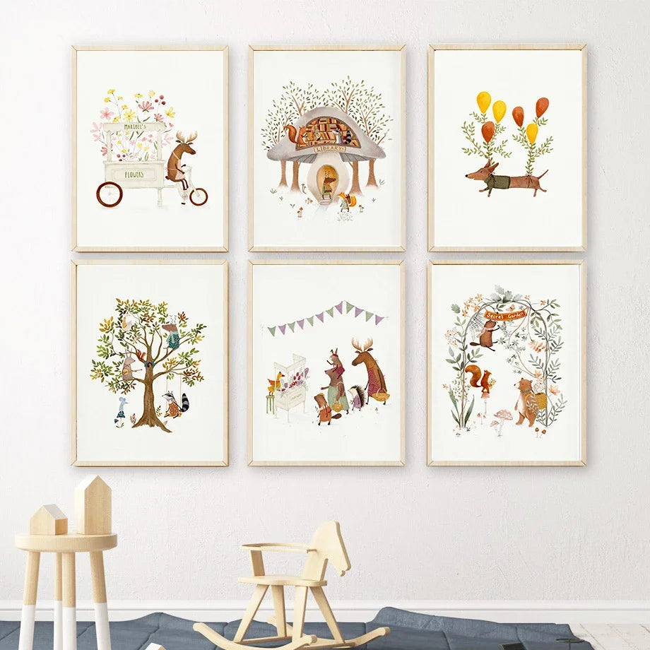 affiche art murale animaux forêt fleurs dessin animé toile cadre bois décoration chambre enfant