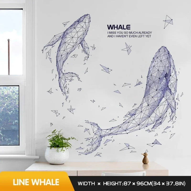 autocollant mural moderne baleine bleu gris blanc géométrique triangulaire salon chambre 60x90cm