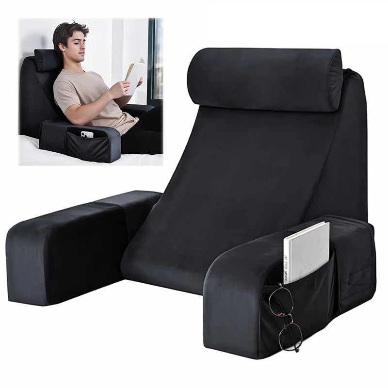 coussin lecture noir mousse mémoire forme ergonomique poche lunettes smartphone