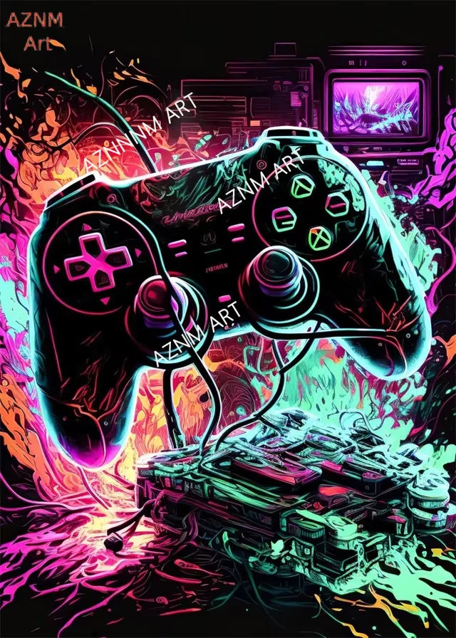 tableau toile manette jeu vidéo néon abstrait décoration chambre gamer moderne mur salon maison