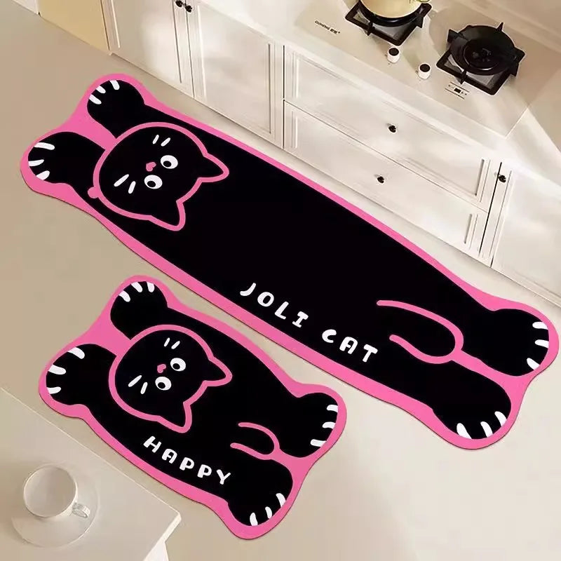 tapis sol cuisine salle bain motif chaton rose noir antidérapant absorbant séchage rapide
