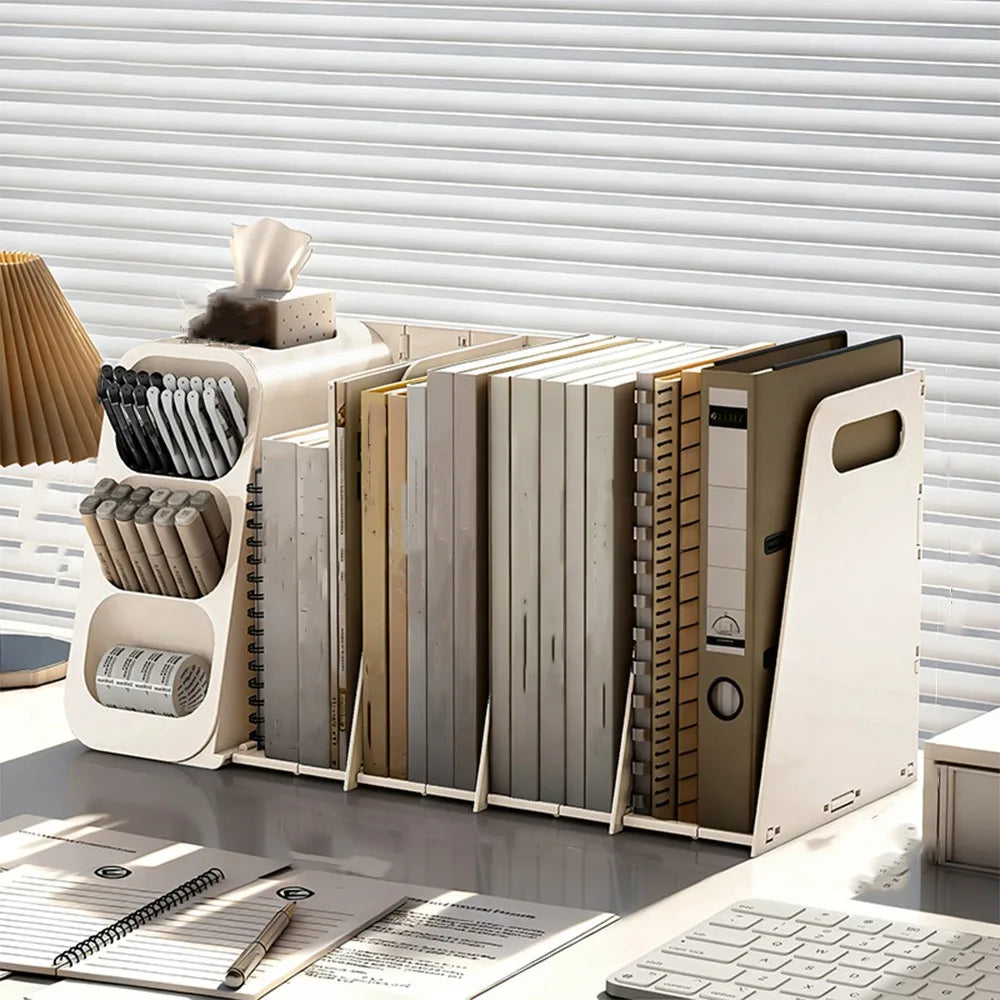 organisateur blanc moderne rangement stylos fichiers blancs bleus compartments ligne verticalisée étudiant