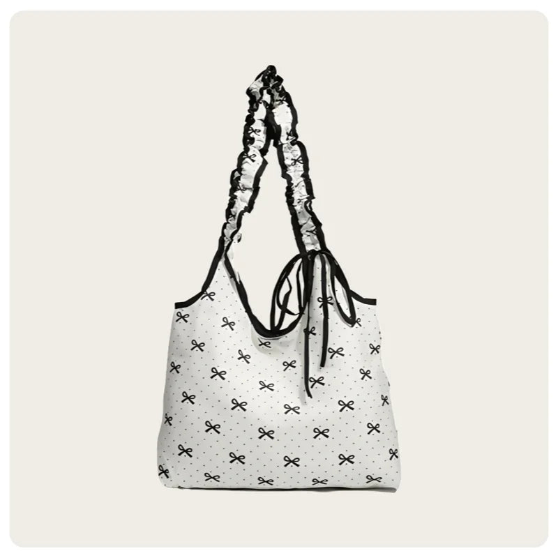 sac main réutilisable toile motif nœuds blanc pois moderne élégant rubans plissés poignées détachables