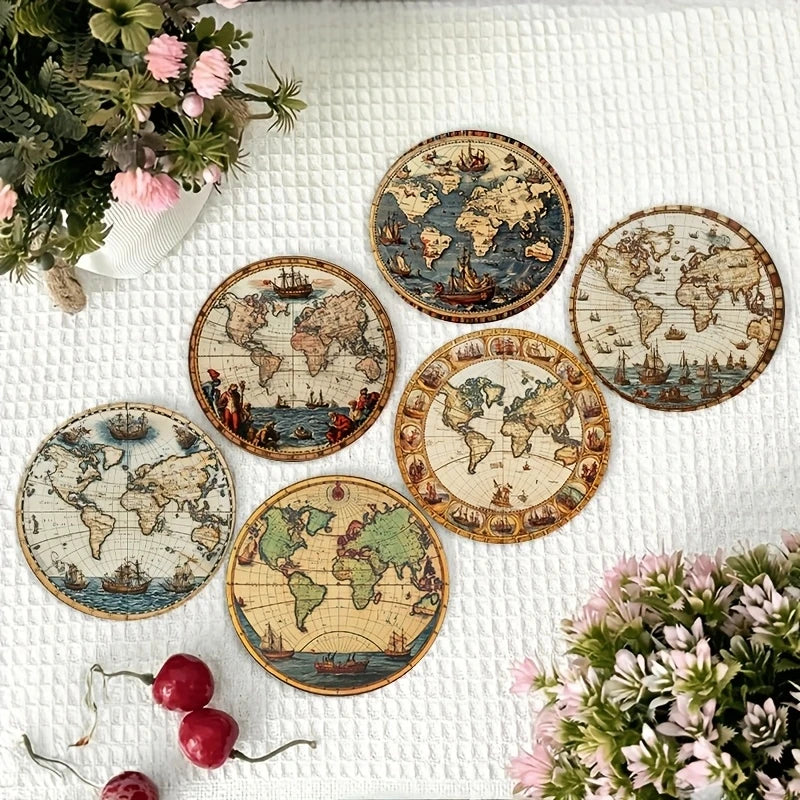 coasters vintage carte monde ancienne motifs decoratifs bois respectueux environnement beige marron bleu vert