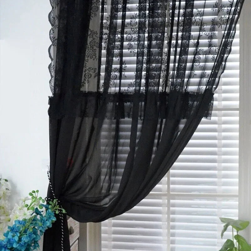 rideau noir dentelle transparent classique polyester fleuri fenêtre française decoration