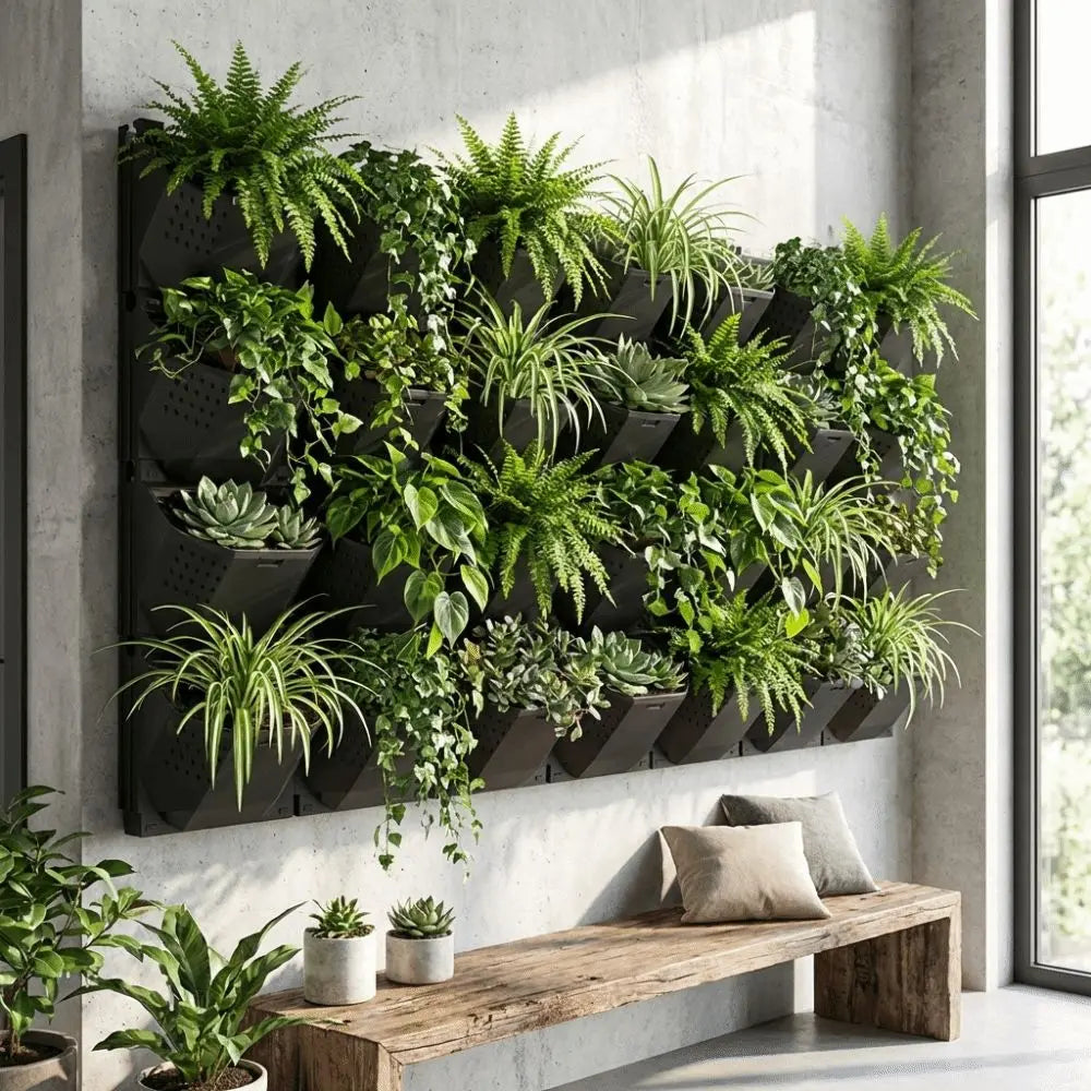 jardinière murale autoarrosante moderne noire blanche fixée plante verte