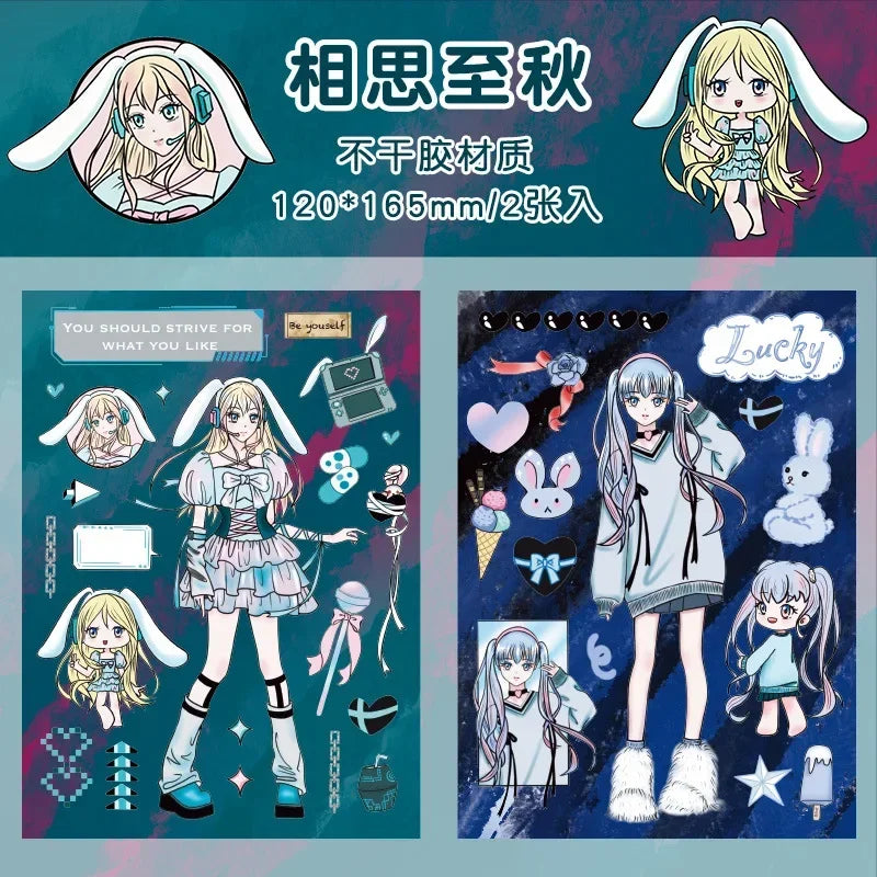 autocollants manga personnages textes confettis bleu violet noir blanc opaques scrapbooking álbum journal intime