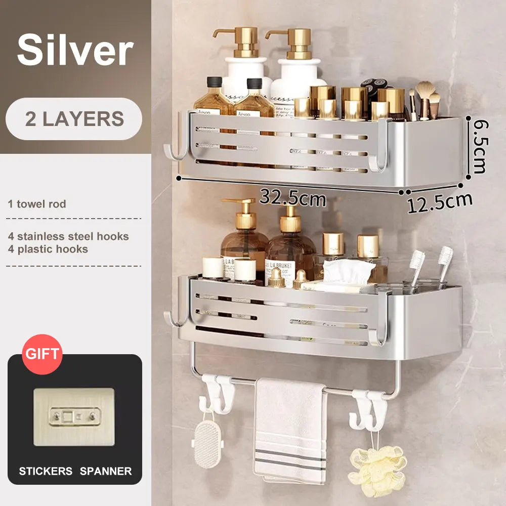 étagère salle bain aluminium double sans perçage moderne adhésif étagères crochets argenté