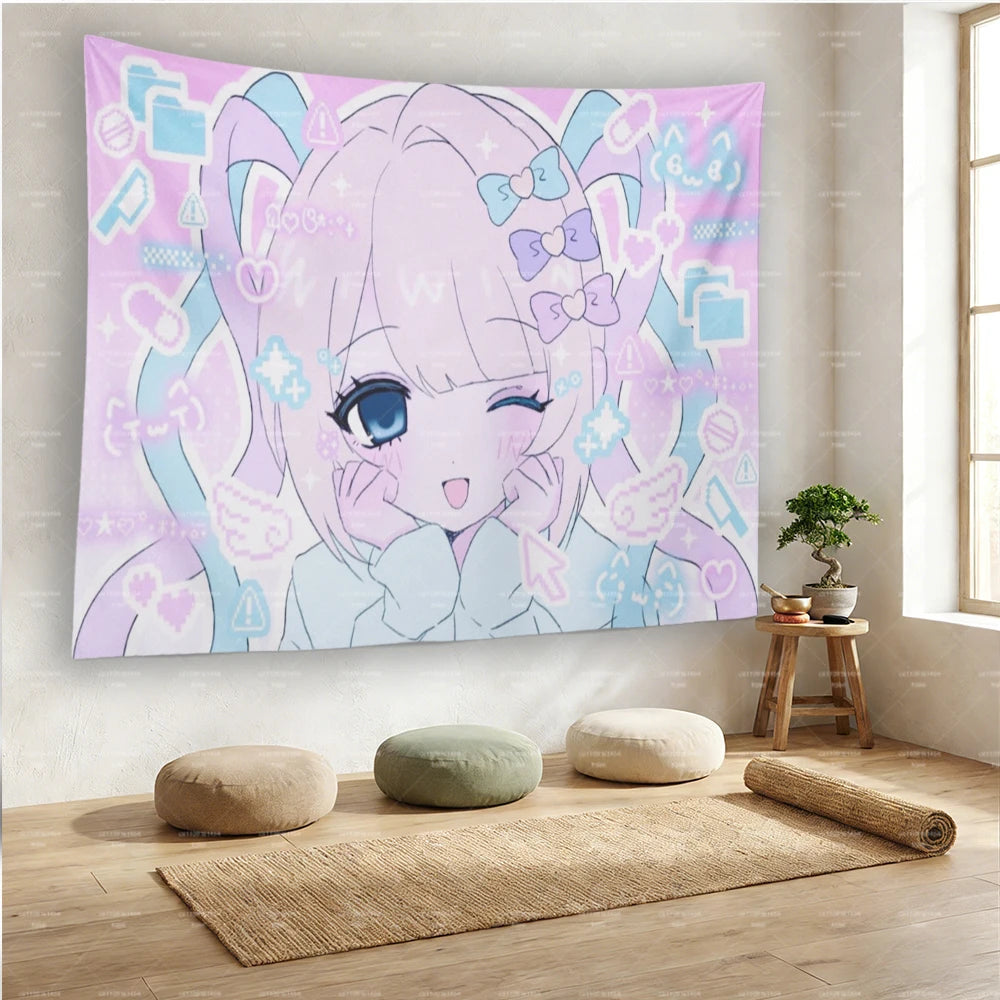 tapisserie anime fille rose bleu claire dessin animé douce chambre décoration murale opacité 150cm