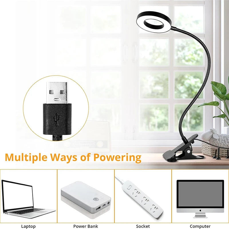 lampe clip flexible 360° noir réglable 10 niveaux luminosité USB