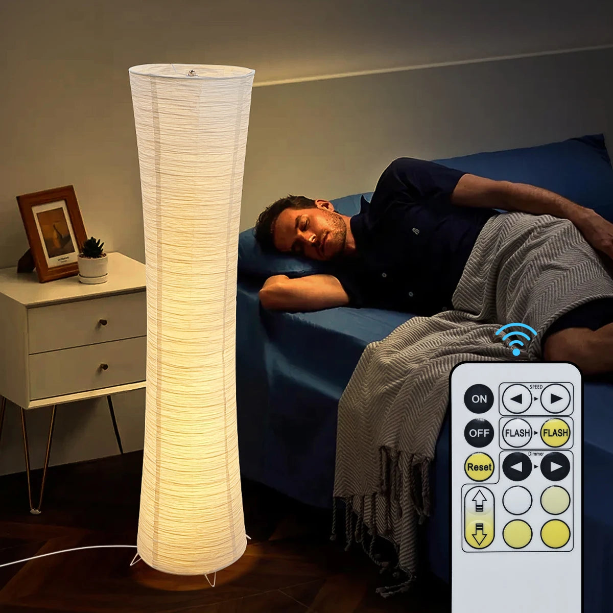 lampe sol moderne blanc rayures horizontales abat jour papier riz télécommande port usb led