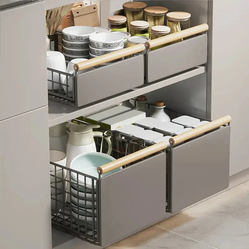 rangements métal pliables paniers maille fine gris moderne cuisine tringles poignées bois