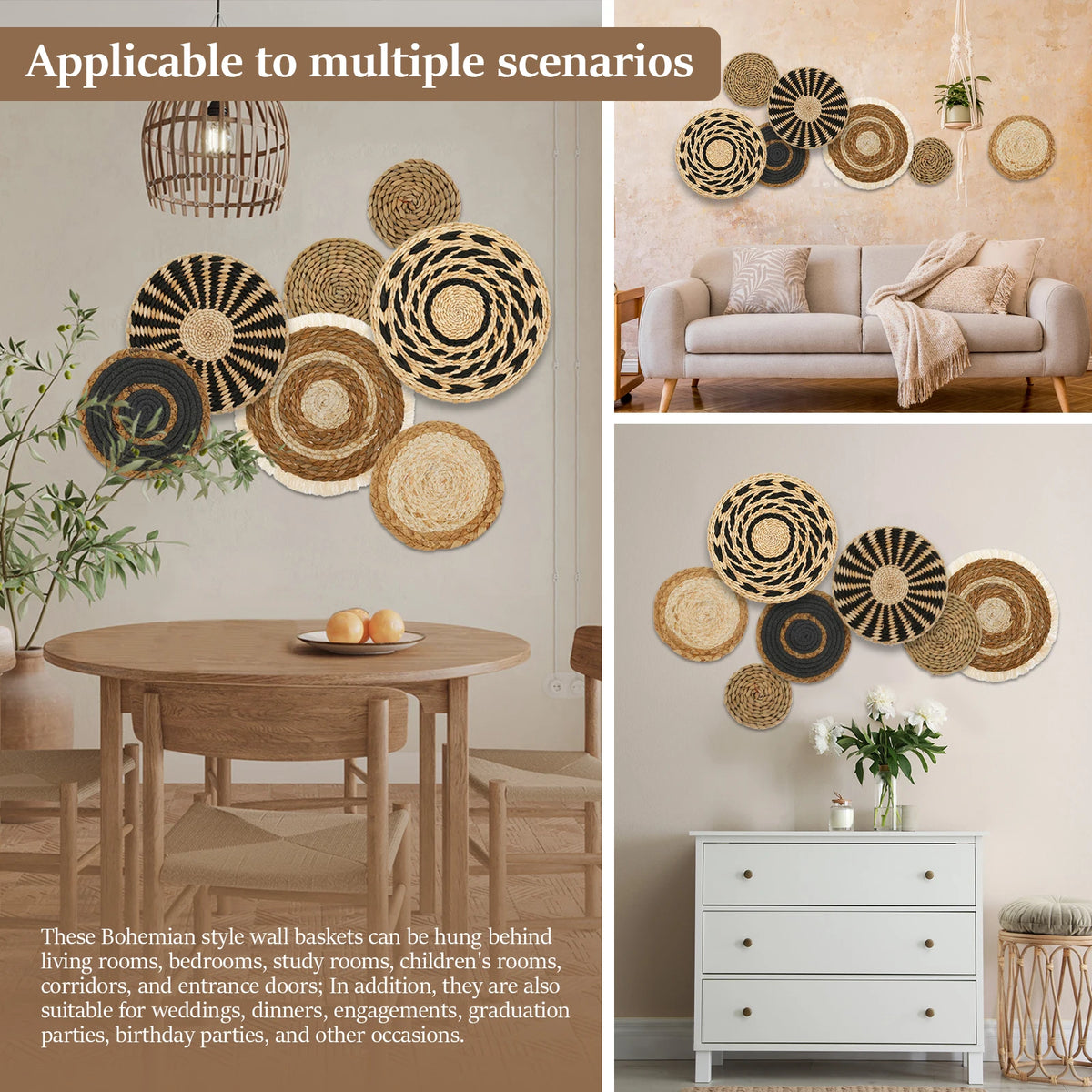 paniers décoratifs boho mur naturel spirales rayures géométriques chambre salon