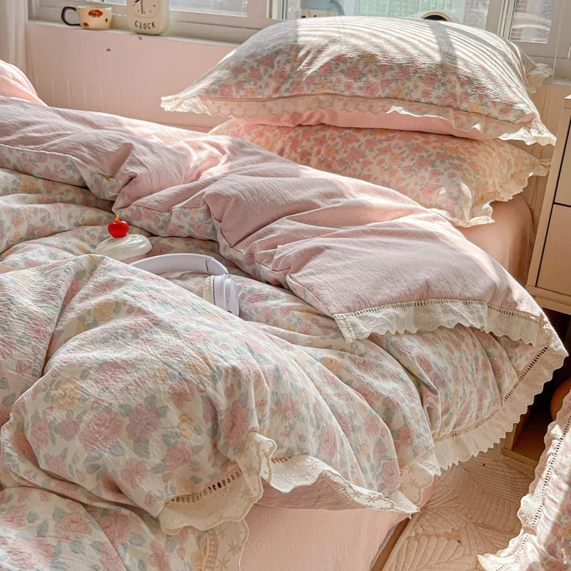 ensemble literie floral rose blanc vintage 150x200cm 200x230cm doux 4pièces