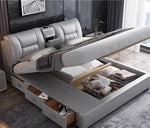 lit double moderne gris clair simili cuir tiroirs latéraux table chevet