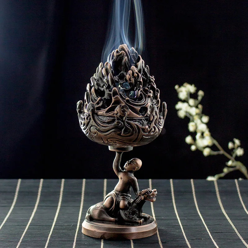 statue incense bronze sculpté détails floraux animaux artisanal main base figurine globe