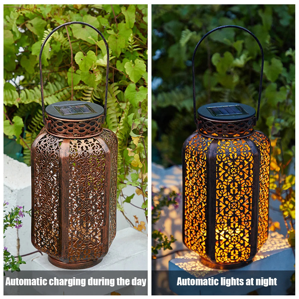 lanterne solaire dorée artisanale ornements ajourés extérieure jardin décoration led imperméable ip55