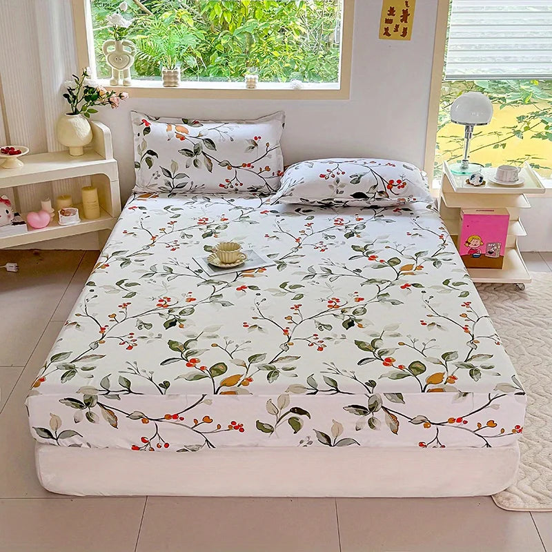 drap lit imprimé fleurs stylisées moderne blanc vert rouge beige confortable lit chambre coucher