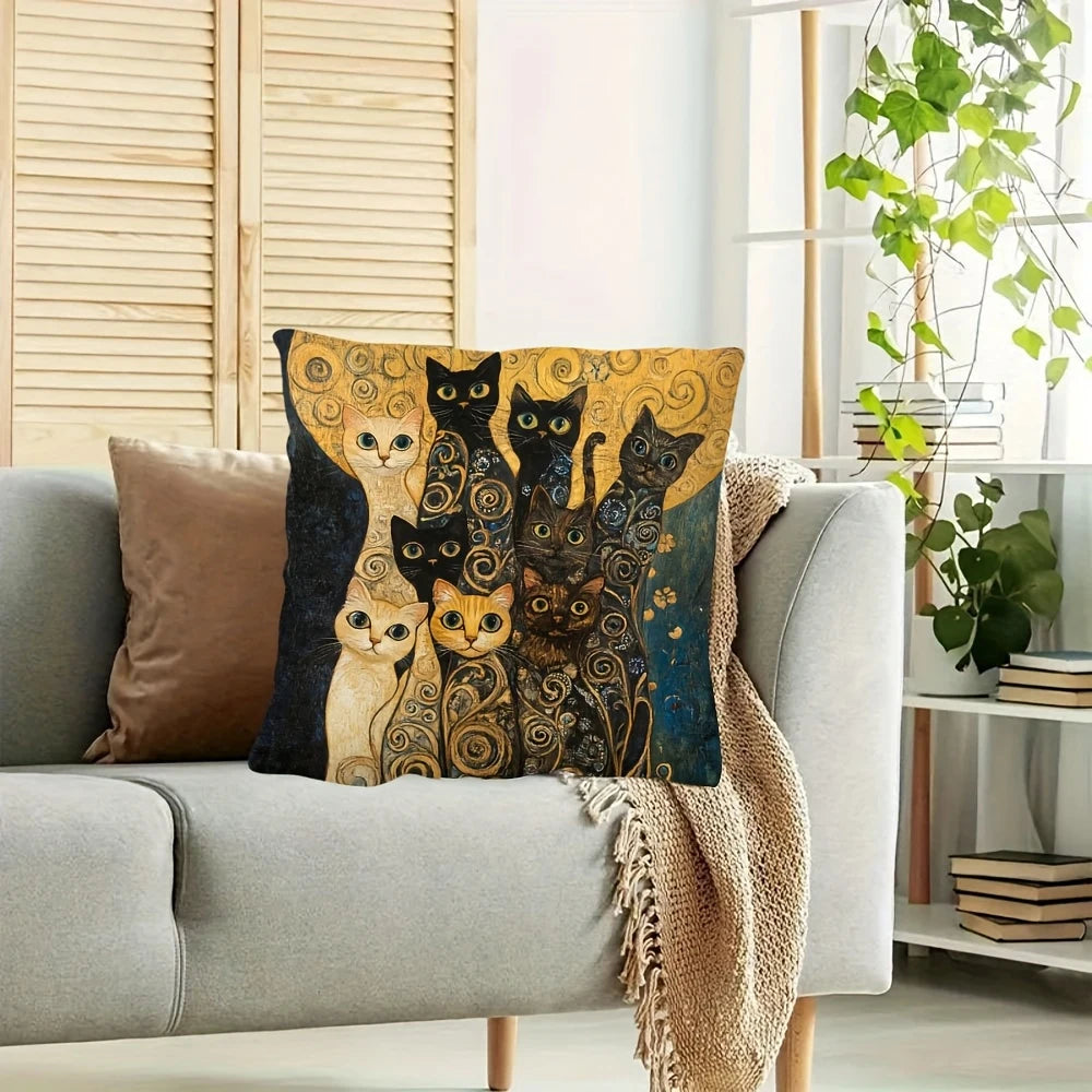 housse coussin moderne motif abstrait spirales dorées polyester peachskin 45x45cm imprimé