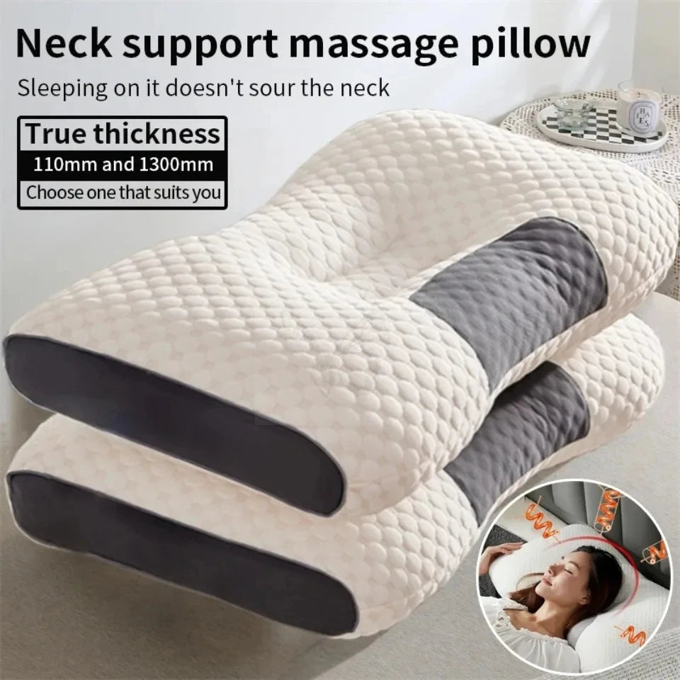 coussin massage cou blanc gris texture quadrillée ergonomique mémoire forme rectangulaire usage maison lit