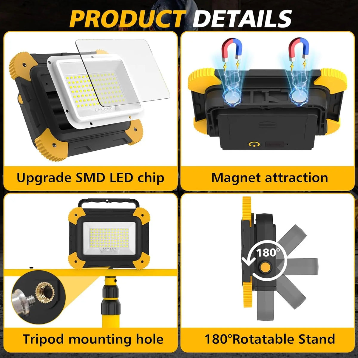 lampe travail led portable noire jaune moderne robuste aimant chargeur camping travauxurgence