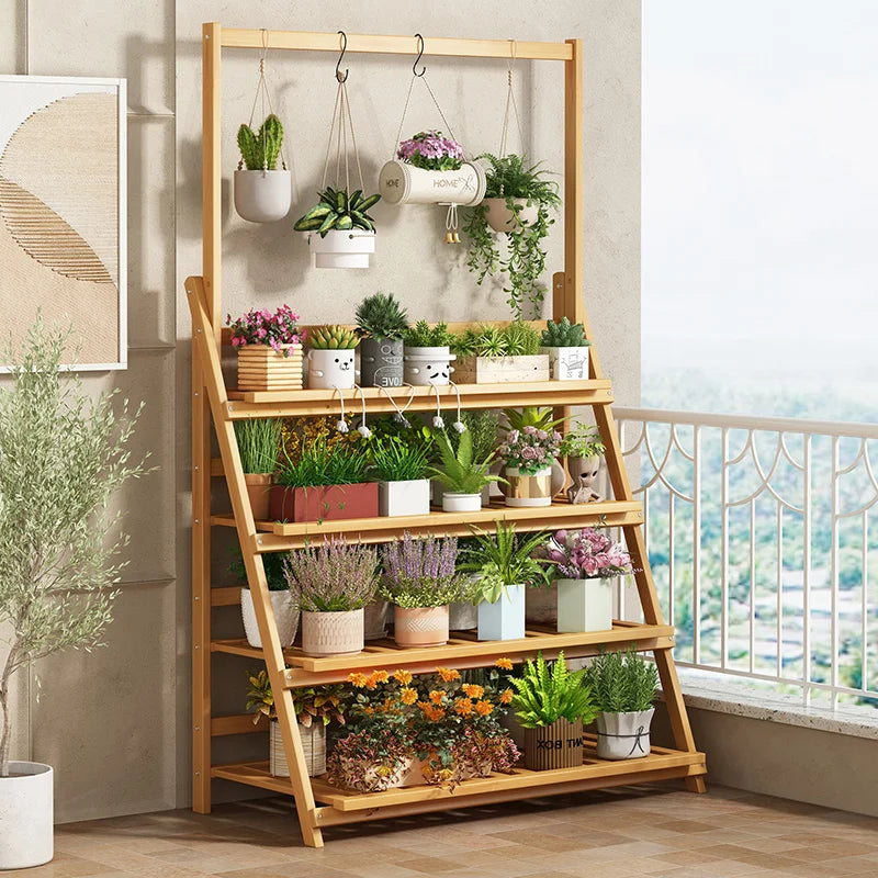 étagère plante bois naturel pliable moderne minimaliste deux étages long 50 cm