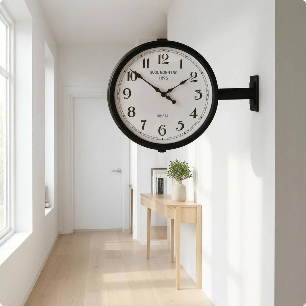 horloge murale double face industrielle noir blanc salle salon decoration quartz métal aiguille moderne