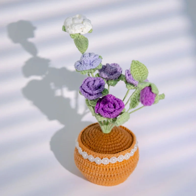 décoration maison bouquet fleurs crochetées pots couleur rose fleur miniature décorative champêtre artisanal