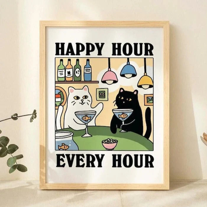 affiche chat dessin animé verres cocktails bouteilles poissons lustres deco maison enfant salon blanc