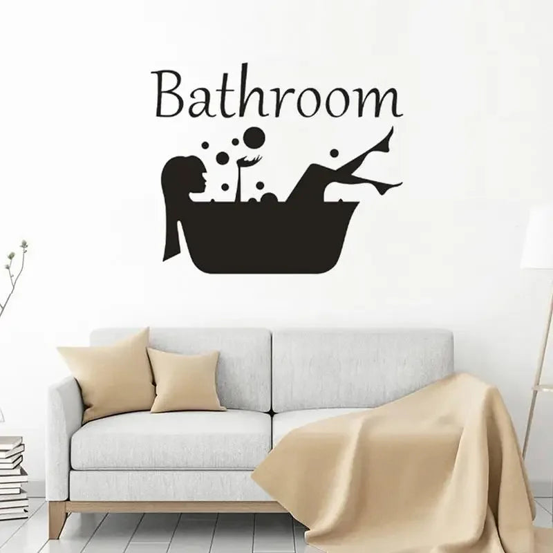 autocollant mural noir femme baignoire bulles graphique minimaliste