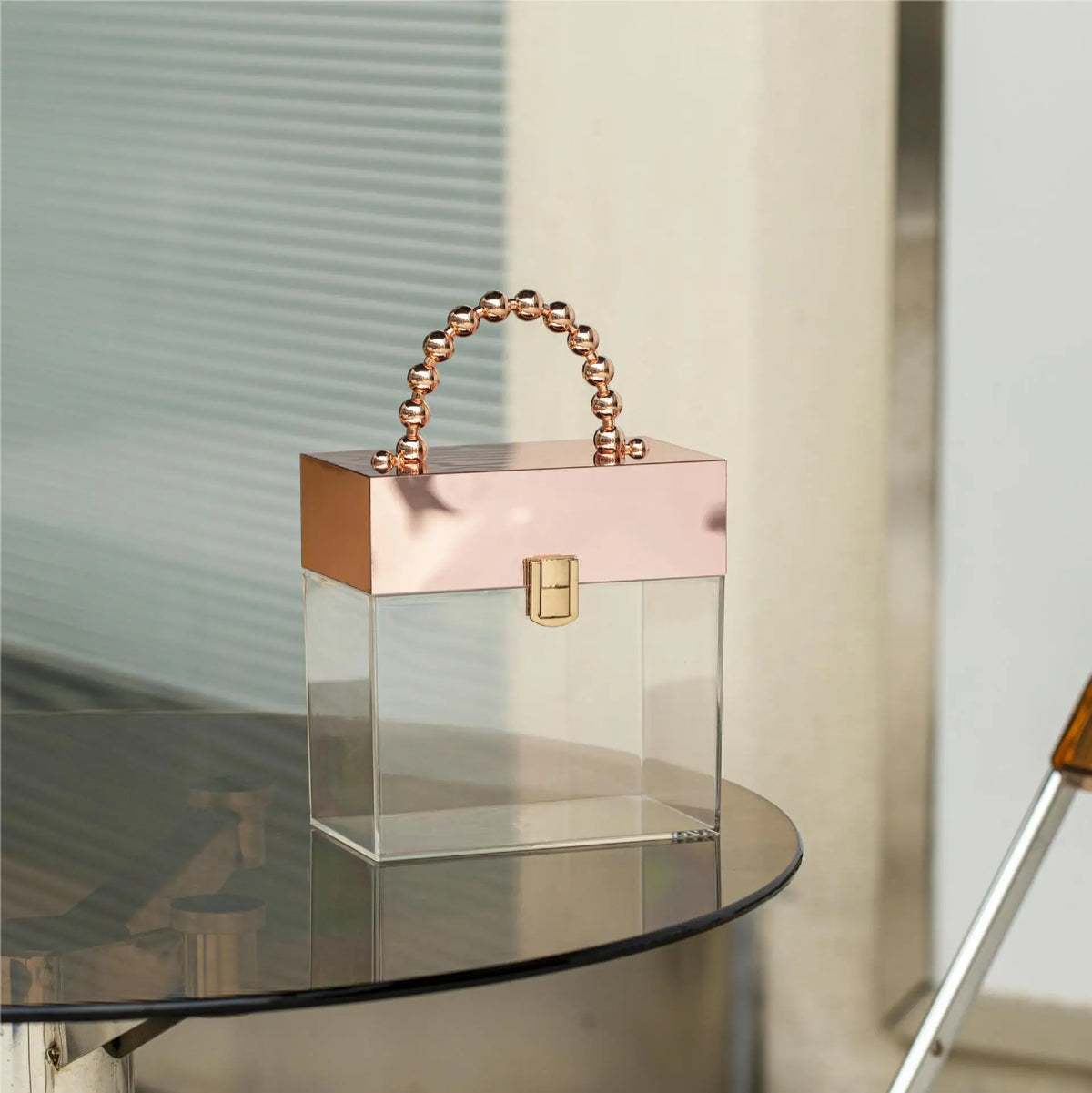 sac main transparent rose doré poignée occasion fête noël anniversaire mariage chic moderne