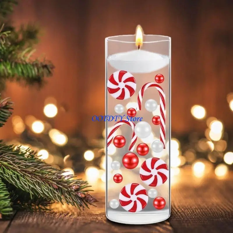 bougies flottantes noel transparentes cannes sucre boules rouges vertes blanches