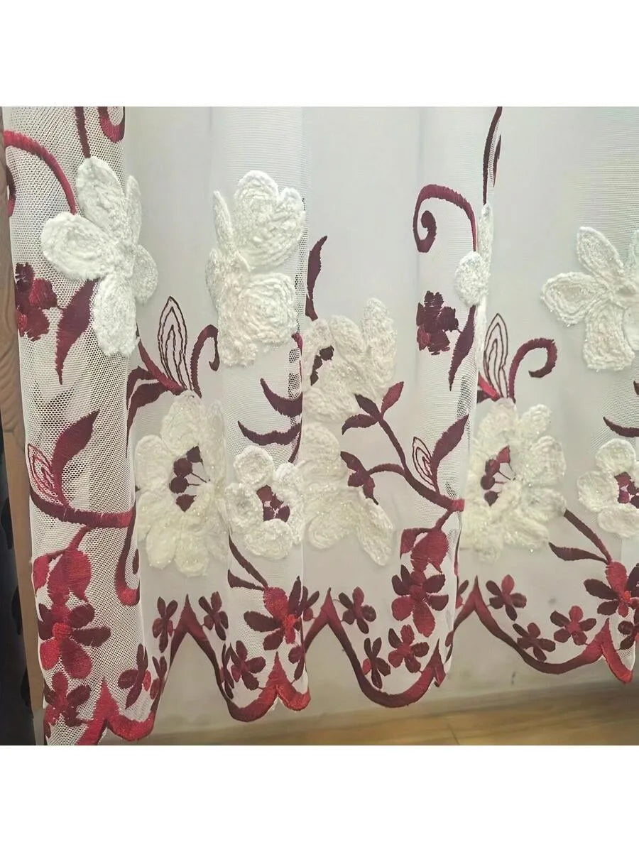 rideau brodé floral transparent classique blanc rouge beige salon cuisine