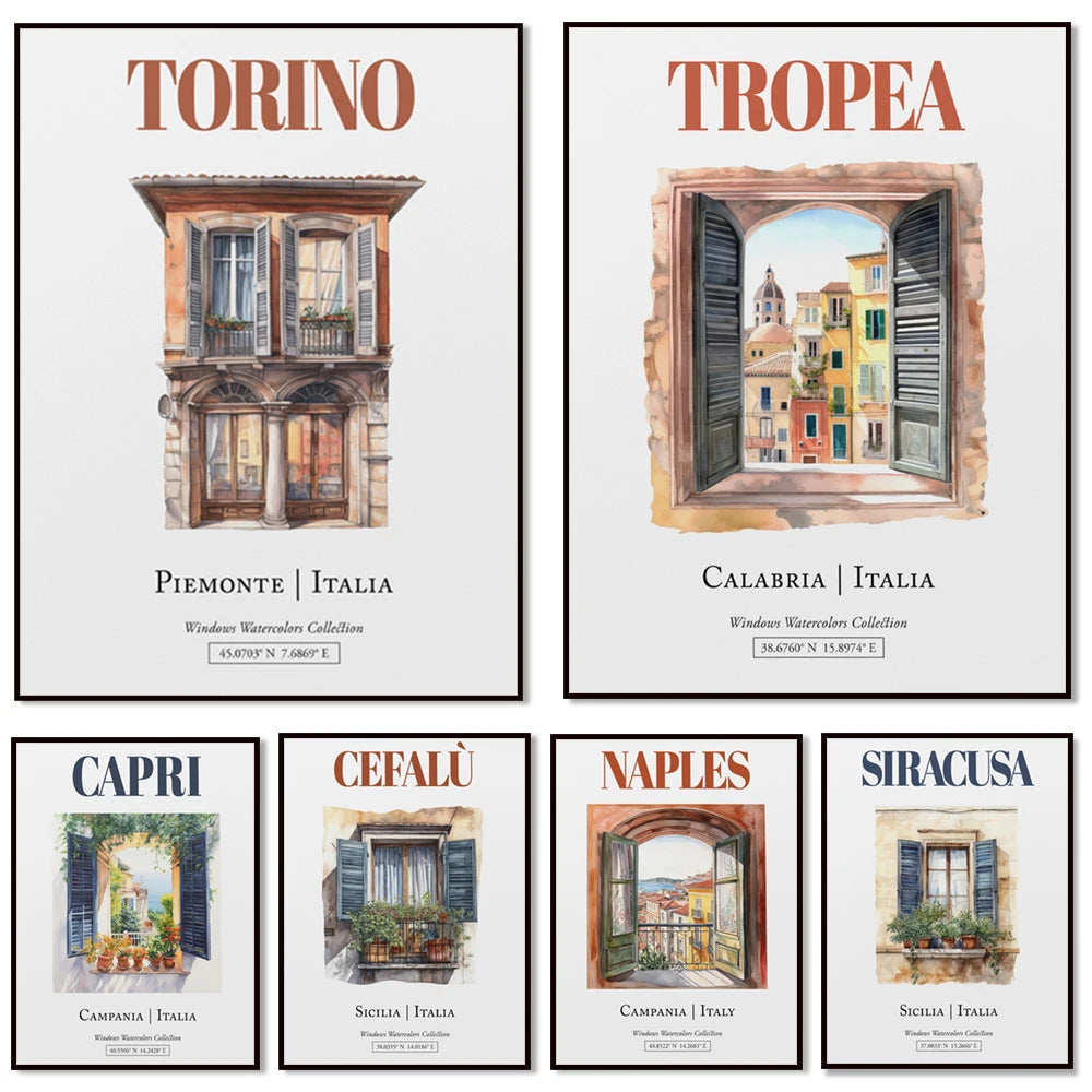 Cette collection de fenêtres d'aquarelles présente des vues panoramiques de différentes villes d'Italie, mettant en valeur leur architecture et leur charme unique.