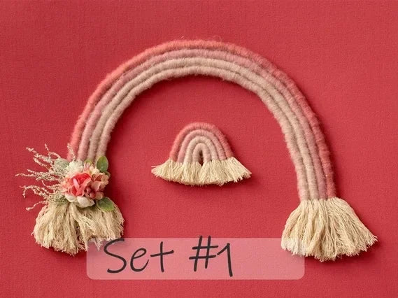 décoration arc ciel tissé franges bohème artisanal nouveau né photo chambre bébé rose blanc
