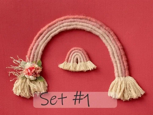 décoration arc ciel tissé franges bohème artisanal nouveau né photo chambre bébé rose blanc