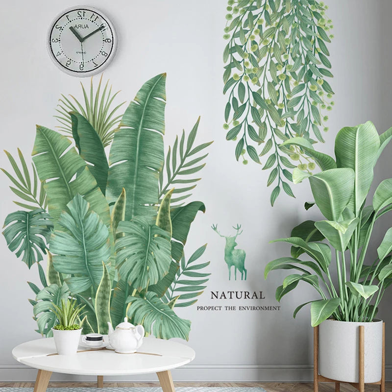 sticker mural décoration feuilles plantes tropicales aquarelle naturel moderne 30x90cm